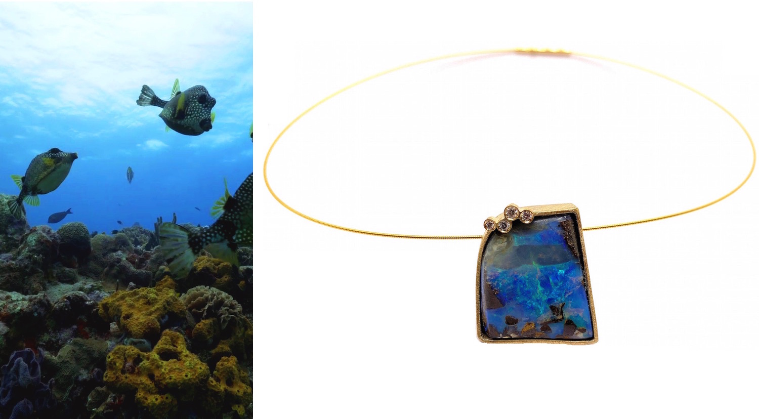 blue australian boulder opal pendant with 4 diamonds in gold