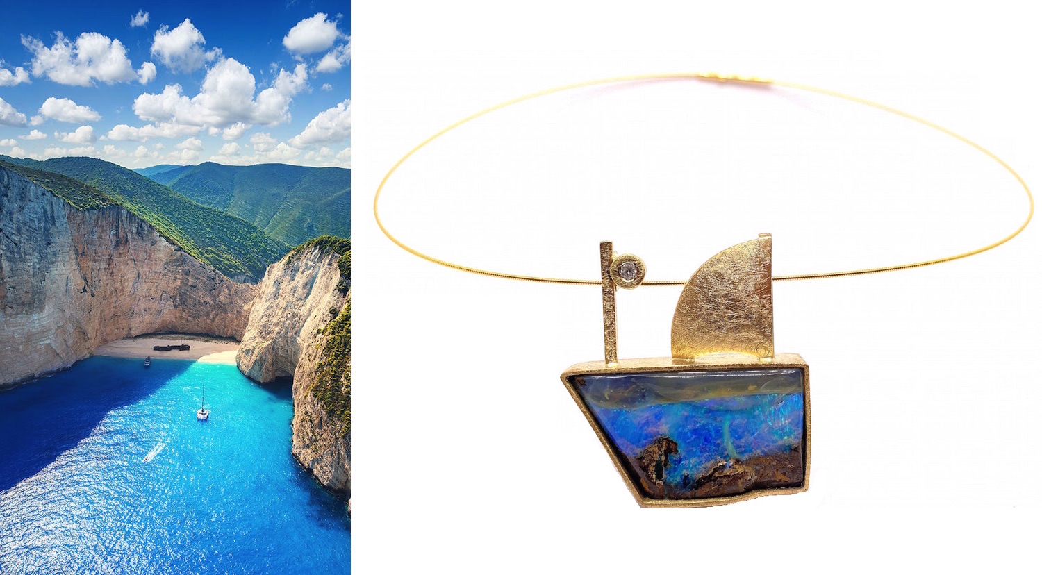 colgante &quot;joyas del mar&quot; opalo boulder australiano azul velero brillante oro
