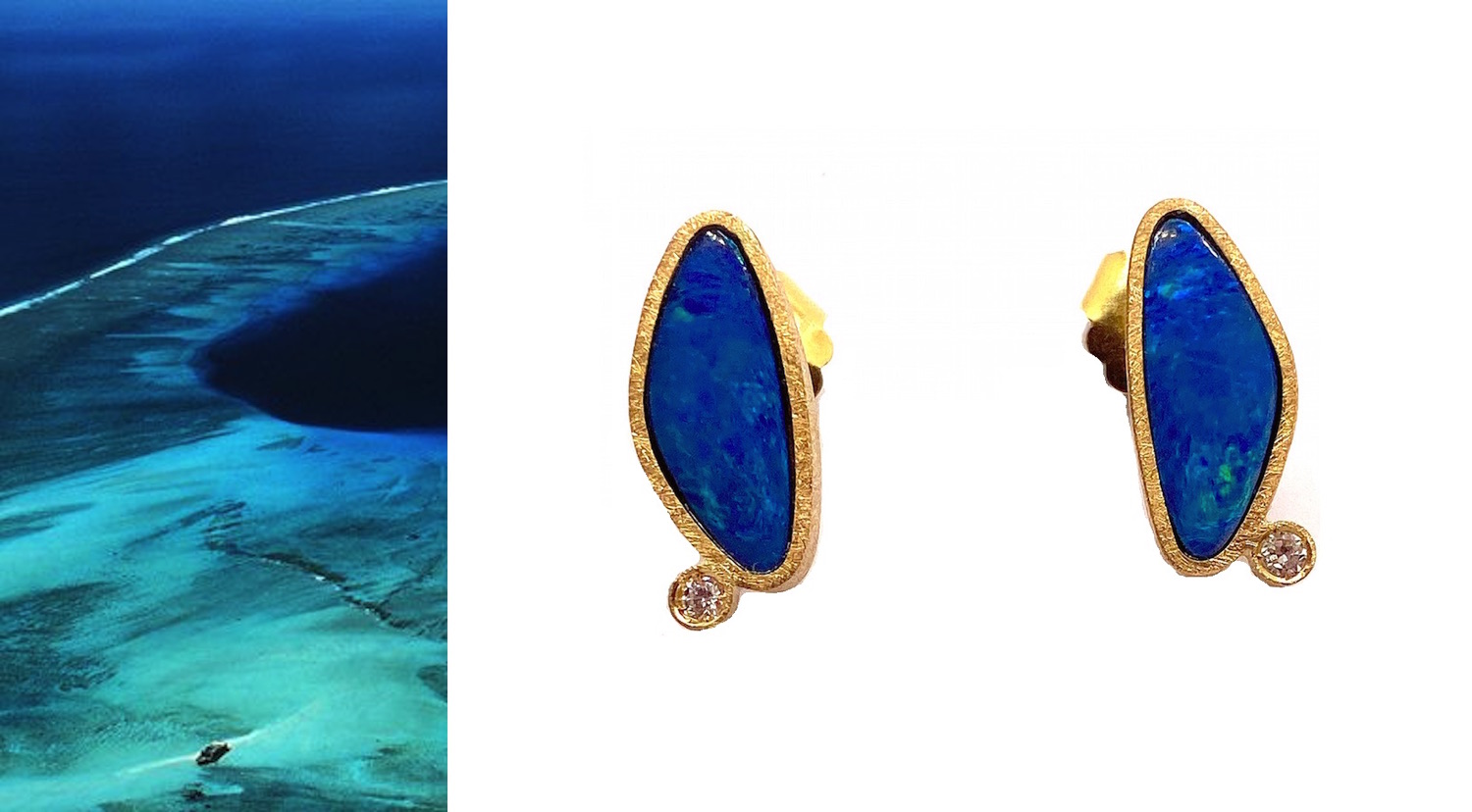 pendientes opalos triangulares azules brillantes oro