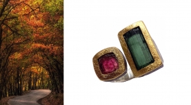 PINK AND GREEN ROUGH TOURMALINE RING IN SILVER AND GOLD