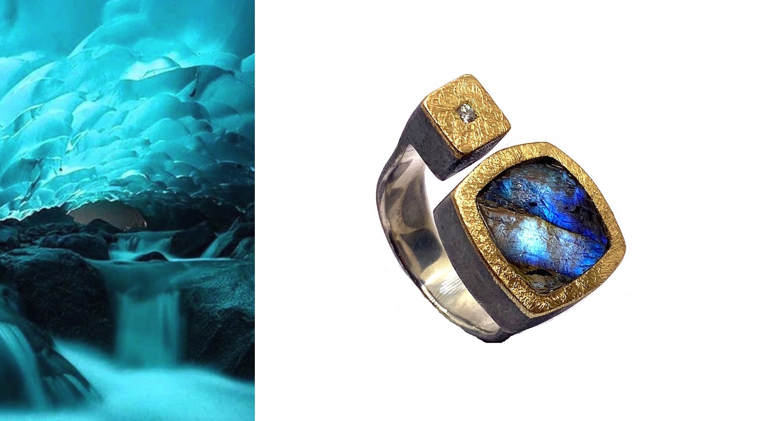 squared rough labradorite ring with diamond in silver and gold