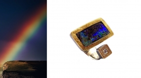 RECTANGULAR BOULDER OPAL RING WITH DIAMOND IN SILVER AND GOLD