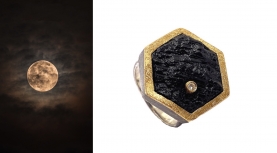 HEXAGONAL ROUGH BLACK TOURMALINE RING WITH DIAMOND IN SILVER AND GOLD