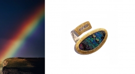 MULTICOLOR AUSTRALIAN BOULDER OPAL RING WITH 4 DIAMONDS IN A ROW IN SILVER AND GOLD