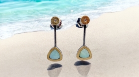 PENDIENTES OPALO AZUL TRIANGULARES LARGOS BRILLANTE PLATA ORO