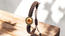 BRAZALETE OPALO DE FUEGO MEXICANO REDONDO MACRAME MARRON PLATA ORO