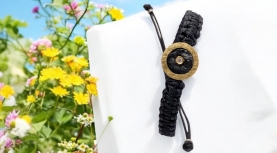 BRAZALETE TURMALINA NEGRA REODNDA BRUTO BRILLANTE MACRAME NEGRO PLATA ORO