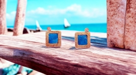 PENDIENTES ÓPALO AZUL ANDINO CUADRADO BRILLANTE PLATA ORO