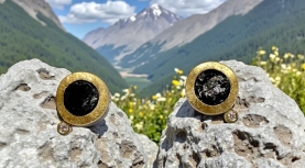 PENDIENTES TURMALINA NEGRA BRUTO REDONDOS BRILLANTE PLATA ORO