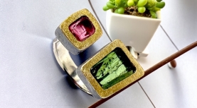 ANILLO TURMALINA ROSA CUADRADO I VERDE TRAPECIO PLATA ORO