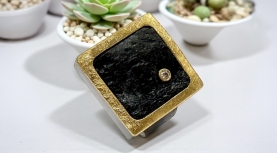 ANILLO TURMALINA NEGRA BRUTO BRILLANTE PLATA ORO