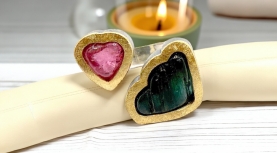 ANILLO 2 CORAZONES TURMALINA ROSA Y VERDE PLATA Y ORO