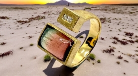 ANILLO TURMALINA BICOLOR 2 BRILLANTES PLATA ORO