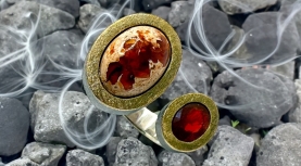 ANILLO DOBLE OPALO FUEGO CRUDO Y OPALO FUEJO CABUJÓN PLATA ORO