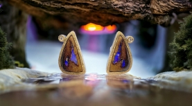TRIANGULAR PURPLE AUSTRALIAN BOULDER OPAL EARRINGS WITH DIAMONDS IN SILVER AND GOLD