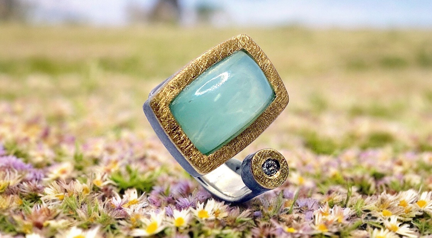 rectangular peruvian blue opal ring with diamond in silver and gold