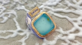 SQUARED PERUVIAN BLUE OPAL RING WITH 4 DIAMONDS IN A ROW IN SILVER AND GOLD