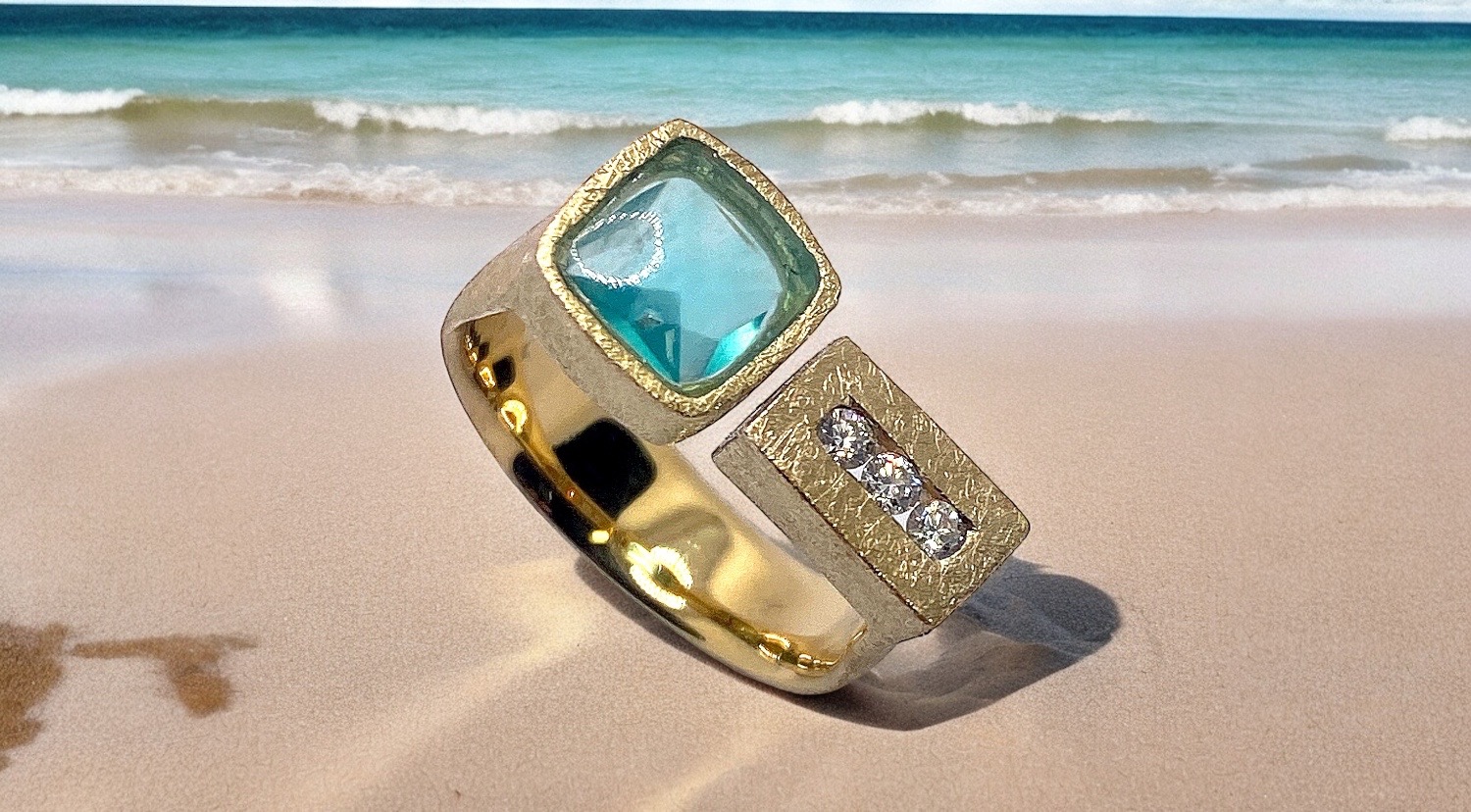 squared peruvian blue opal ring with 3 diamonds in a row in gold