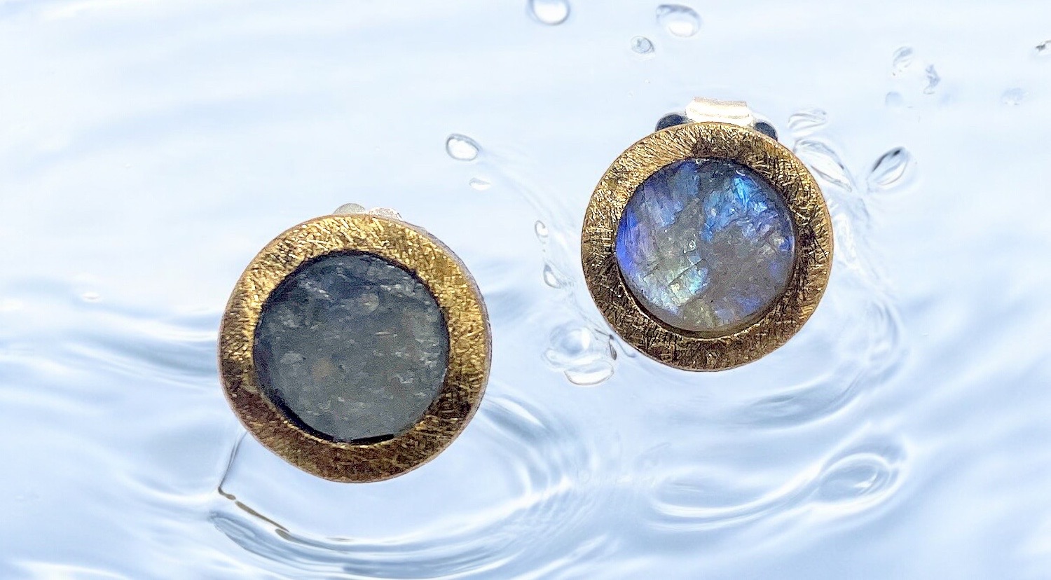 round rough moonstone earrings in silver and gold