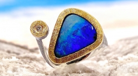 TRIANGULAR BLUE BOULDER OPAL RING WITH DIAMOND IN SILVER AND GOLD