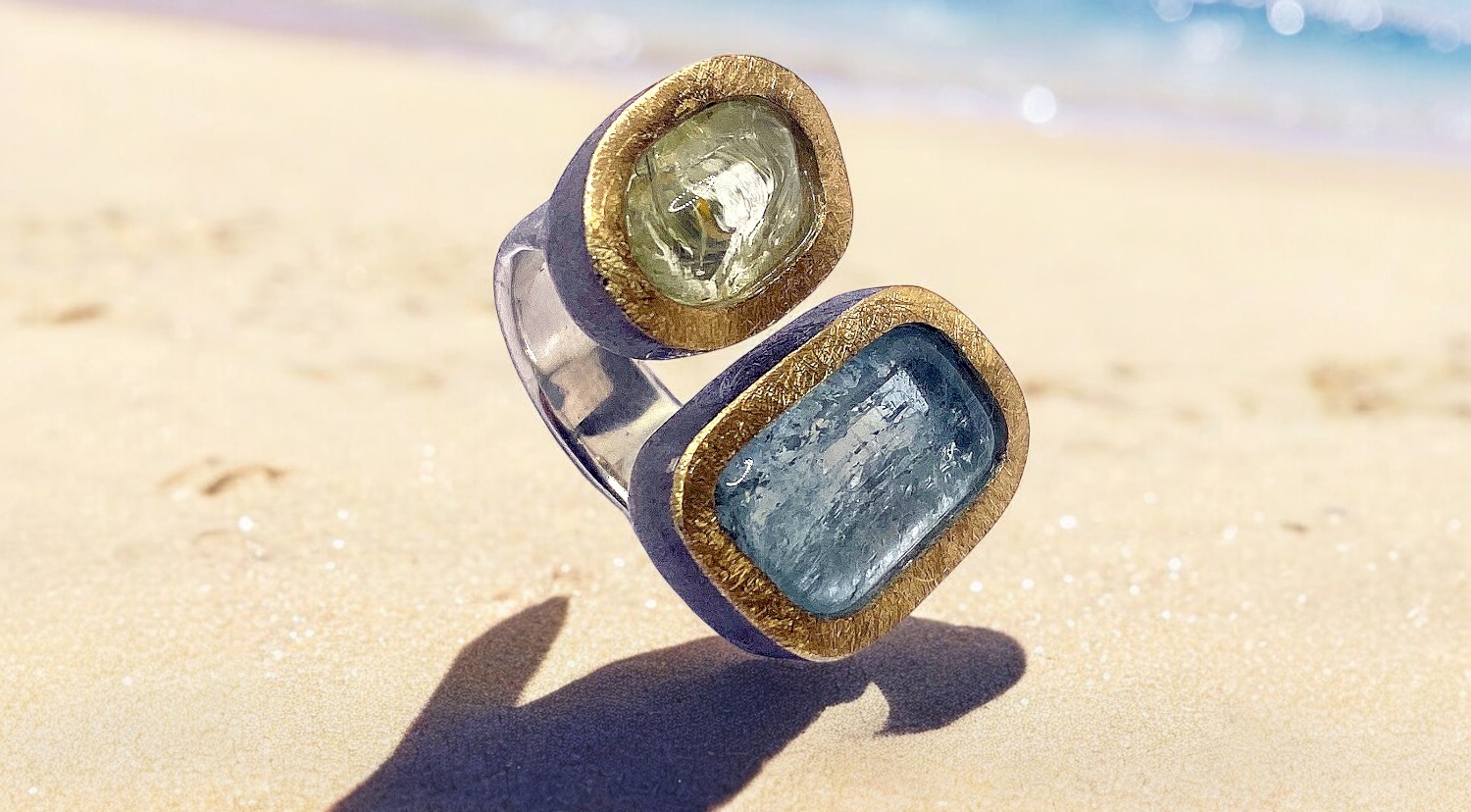 double beryl and aquamarine ring in silver and gold