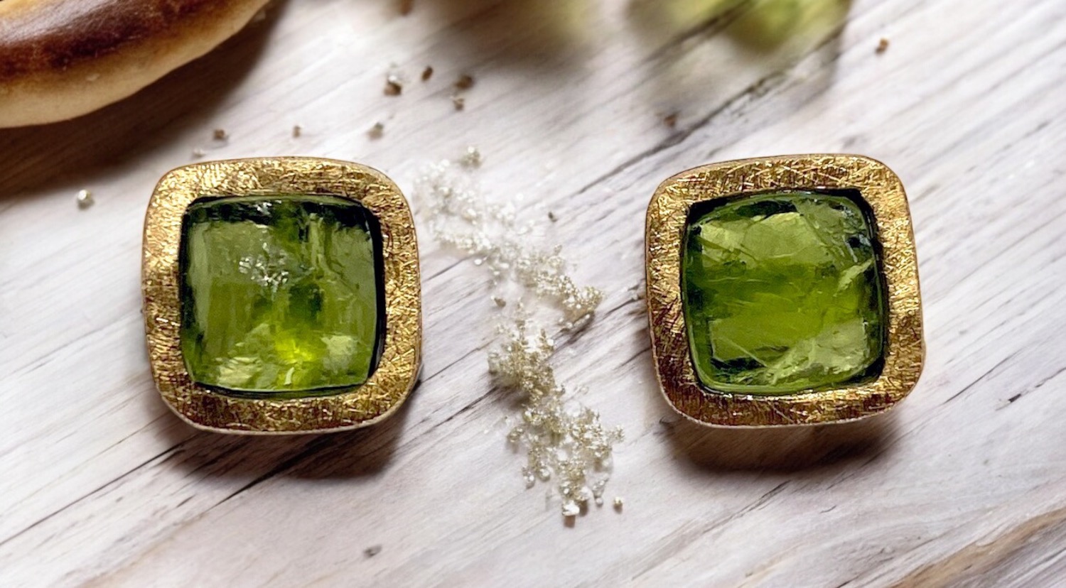 squared rough peridot earrings in silver and gold