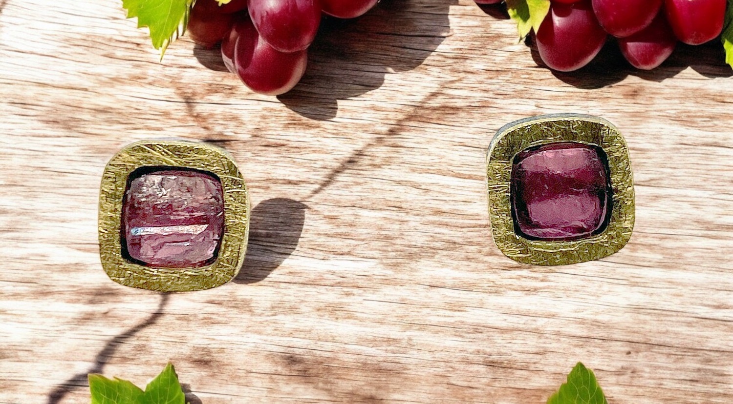 squared pink rough tourmaline earrings in silver and gold