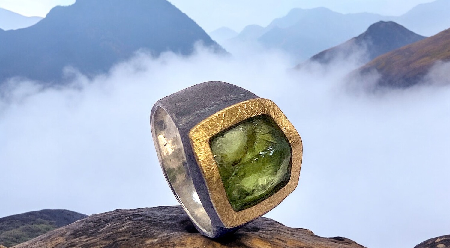 squared rough peridot ring in silver and gold