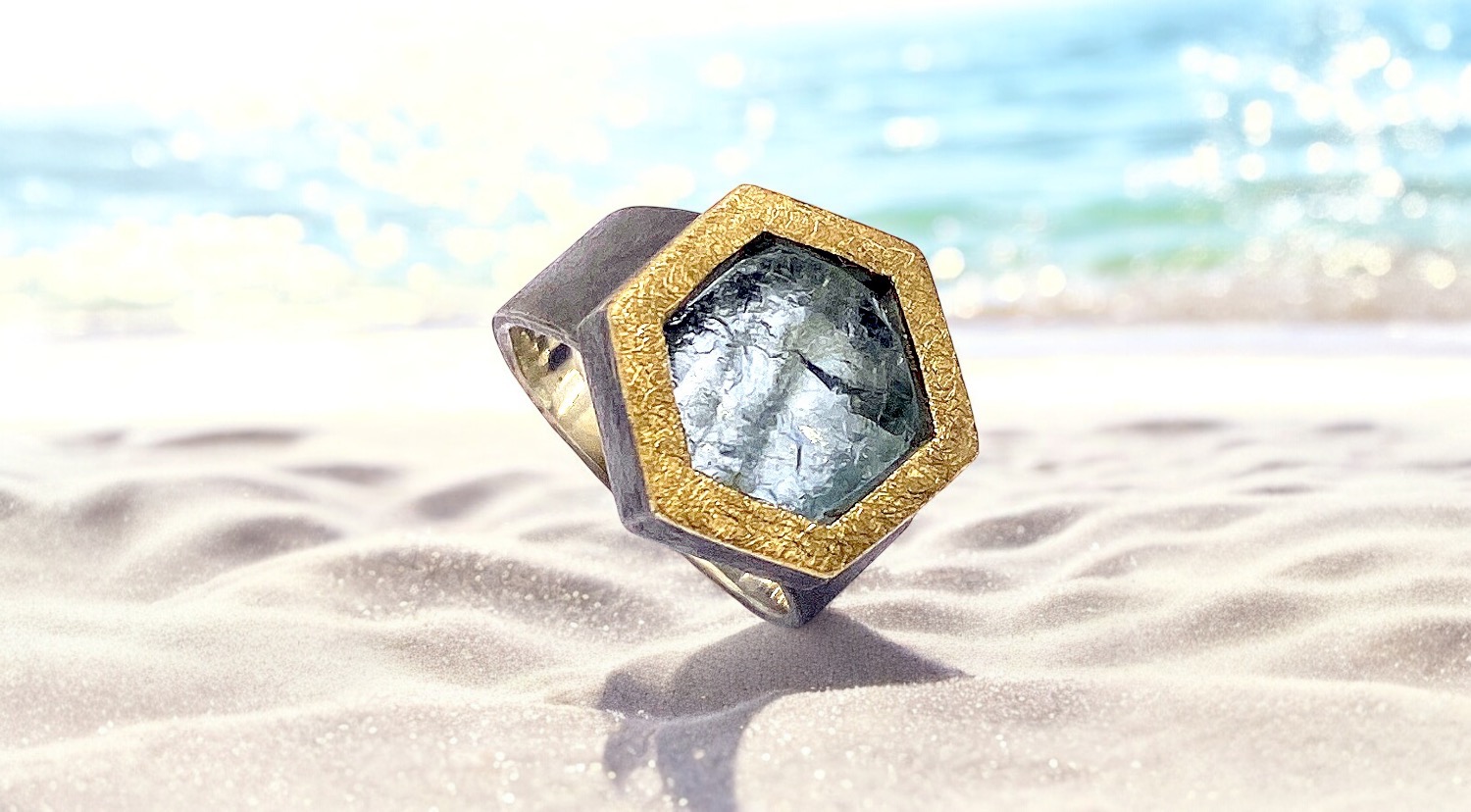 hexagonal rough aquamarine ring in silver and gold