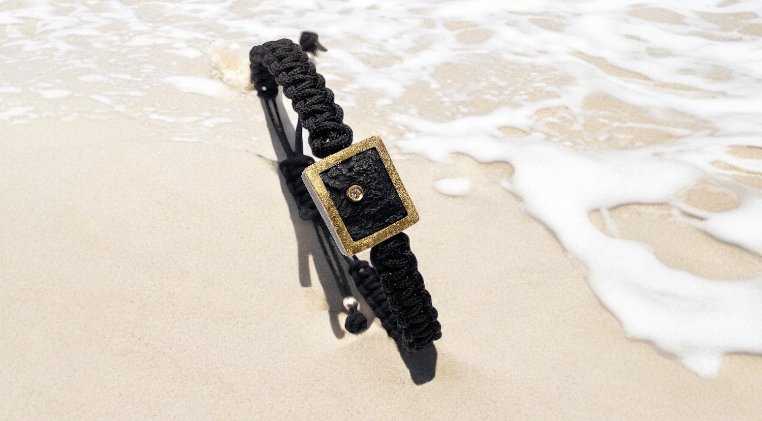 rectangular black tourmaline macrame bracelet with diamond in silver and gold