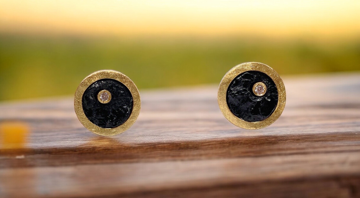 round rough black tourmaline earrings with diamond in silver and gold