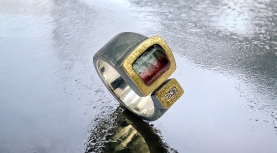 ANILLO TURMALINA BICOLOR RECTANGULAR 2 BRILLANTES PLATA ORO