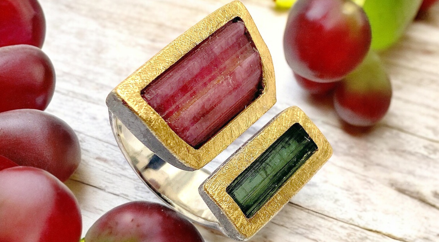 rough pink and green tourmaline double ring in silver and gold