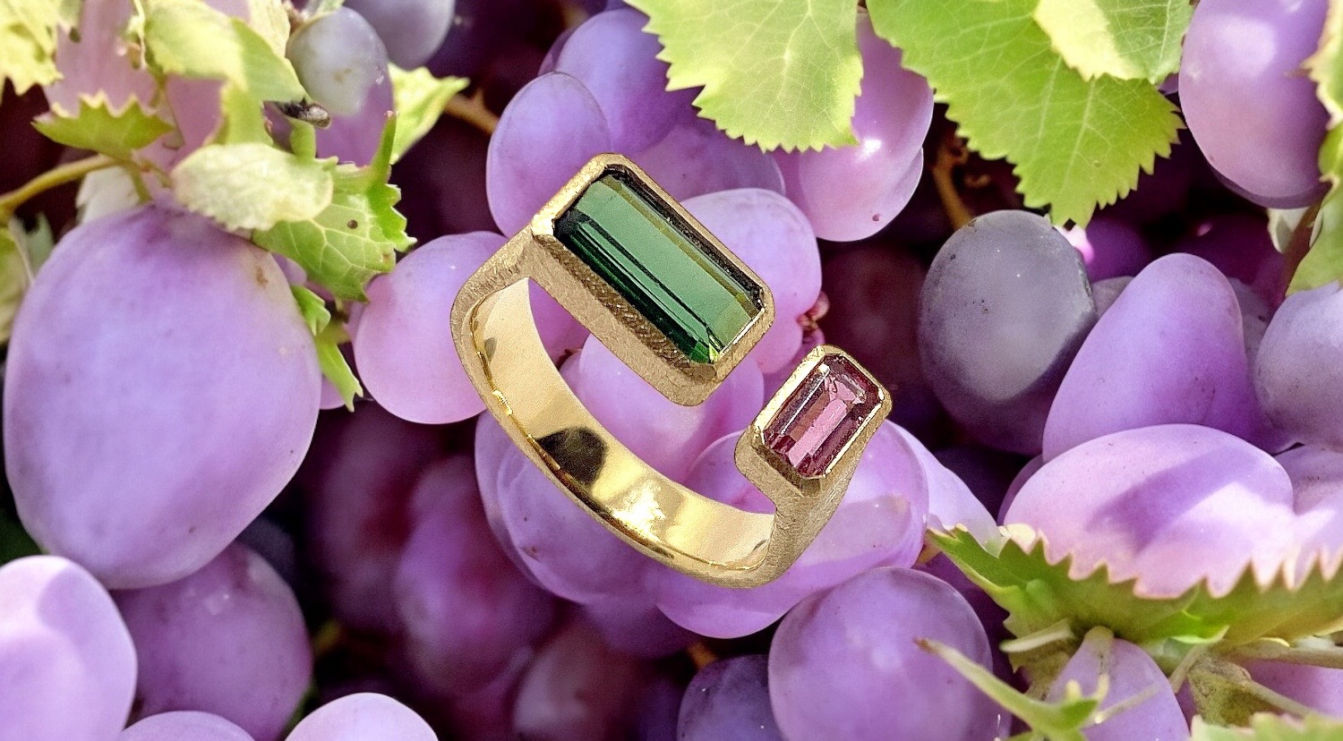 rectangular green and pink tourmaline ring in gold