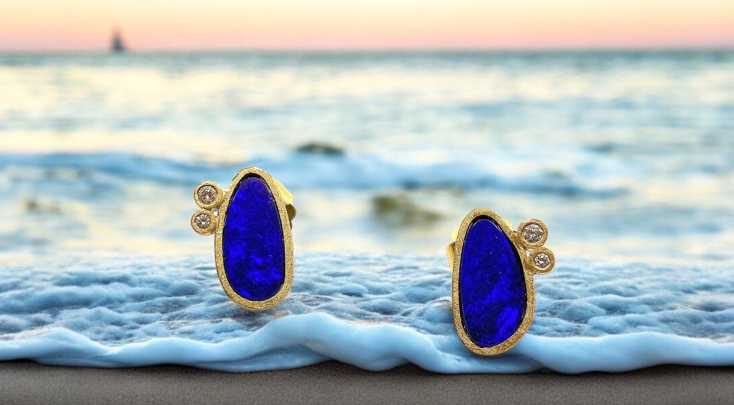 purple opal earrings with 2 diamonds in gold