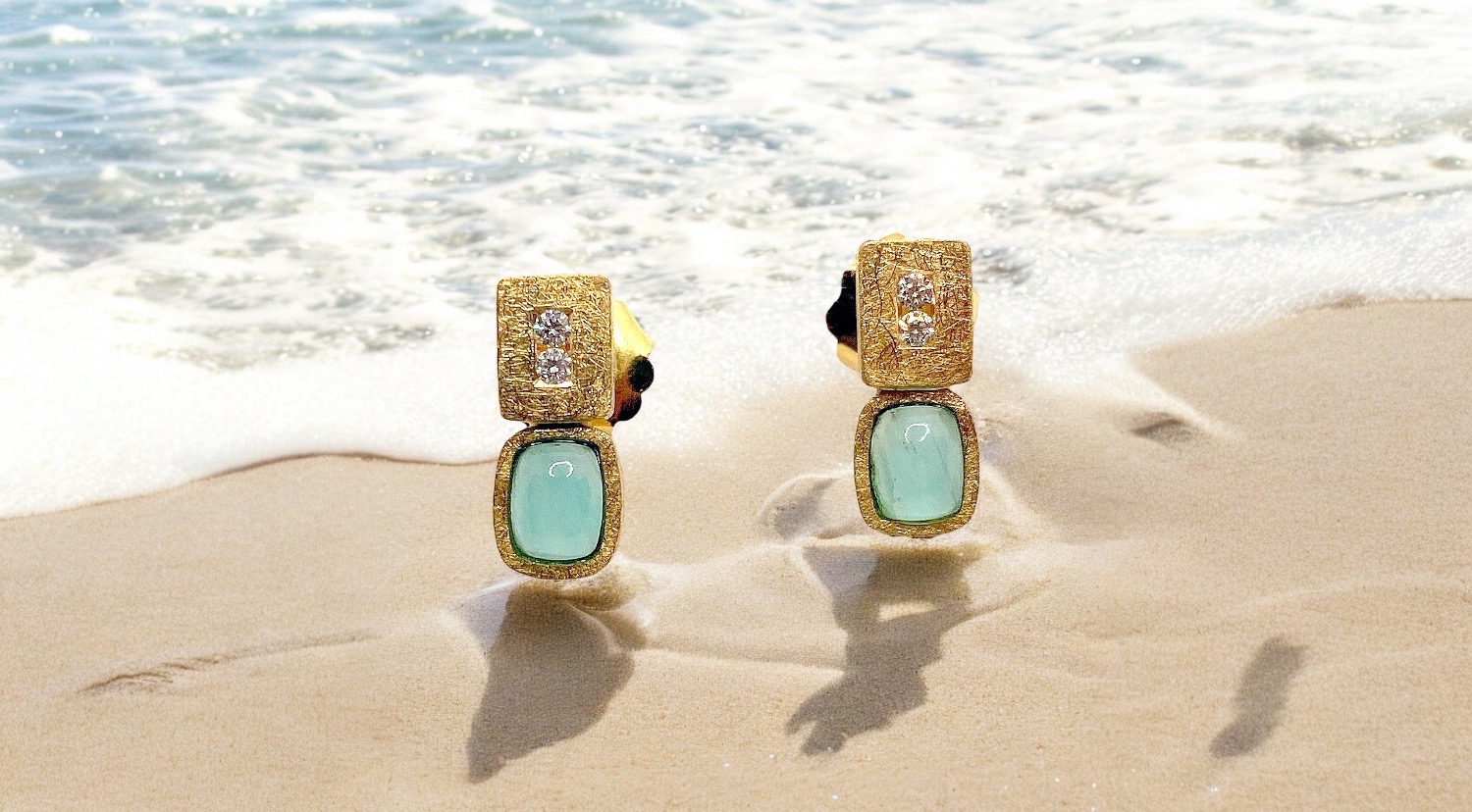 rectangular andean blue opal earrings with 2 diamonds in gold