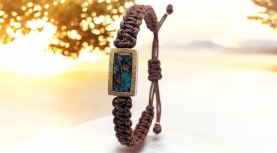 BRAZALETE OPALO RECTANGULAR MACRAMÉ MARRON PLATA ORO