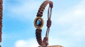 BRAZALETE OPALO BOULDER OVAL AZUL MACRAME MARRON PLATA ORO