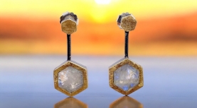 PENDIENTES PIEDRA LUNA BRUTO HEXAGONAL LARGOS PLATA ORO