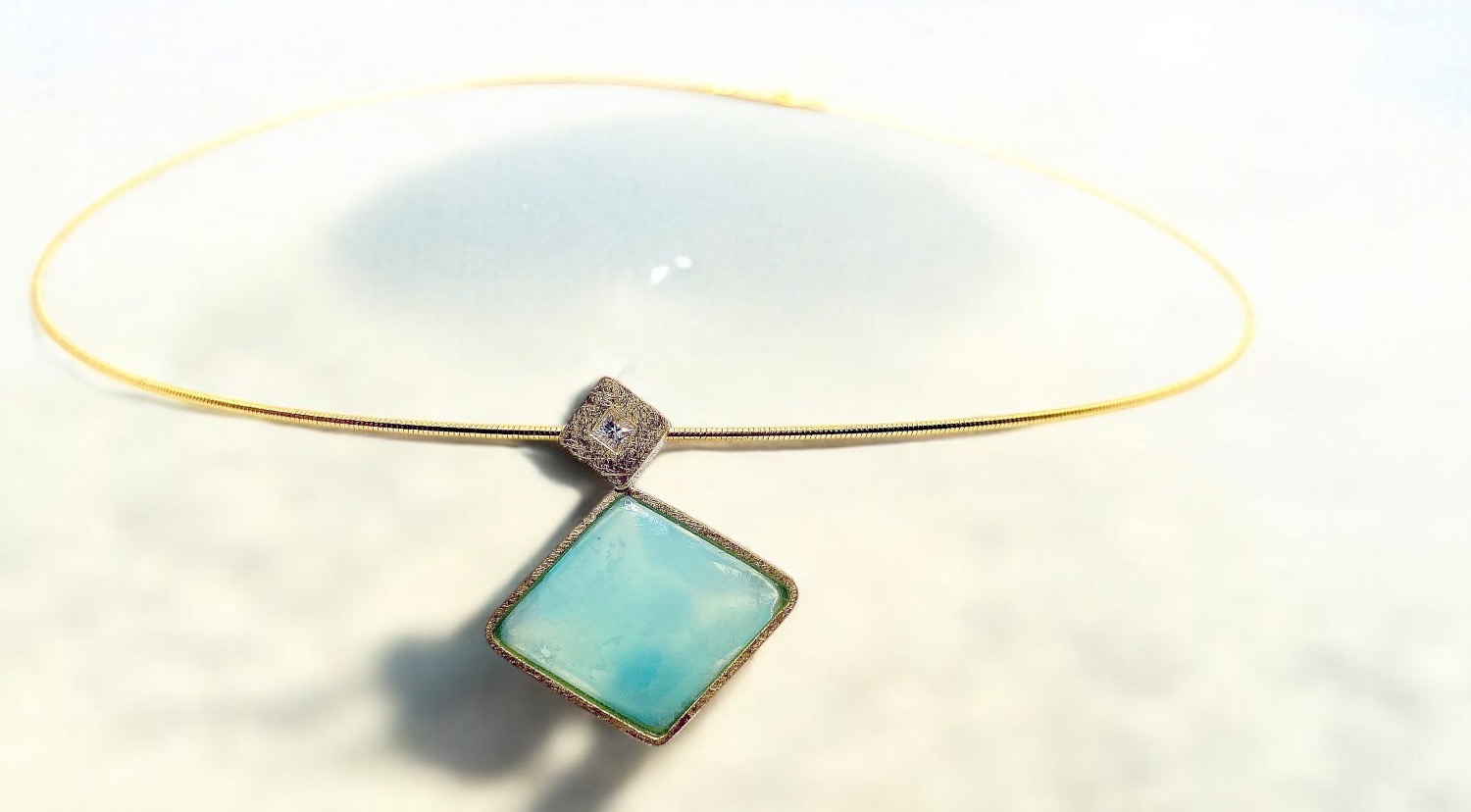 rhomboid andean blue opal pendant with diamond princess cut in gold