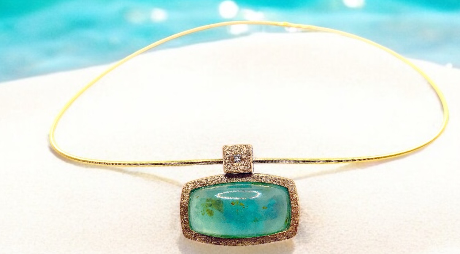 rectangular andean blue opal with diamond princess cut in silver and gold