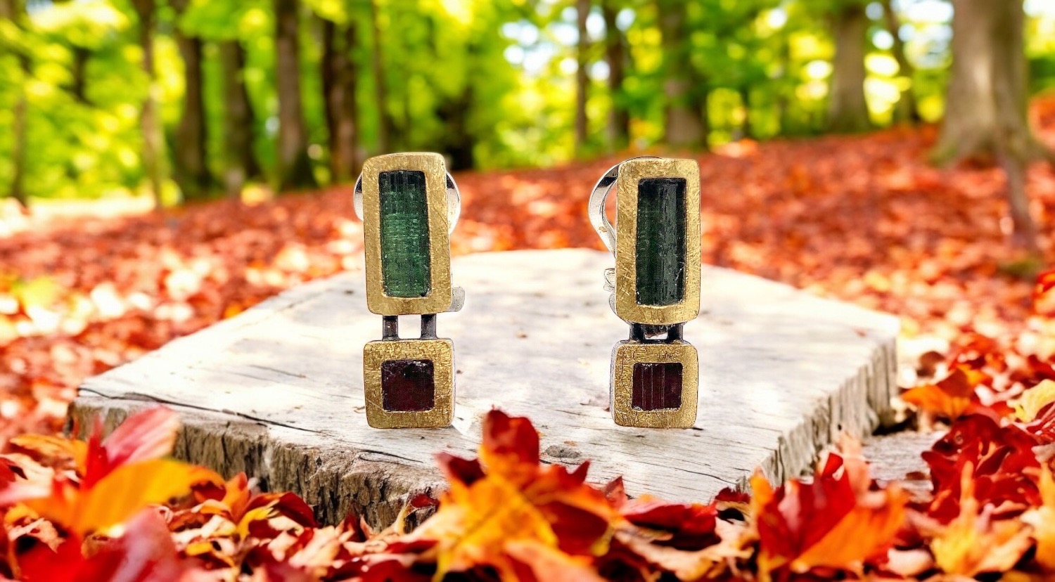 rough green and pink tourmaline earrings in silver and gold