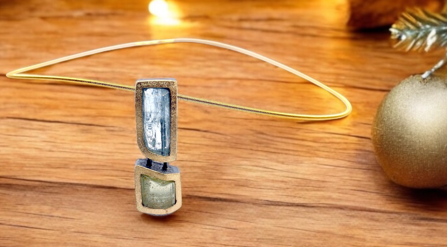 double large aquamarine and beril pendant in silver and gold