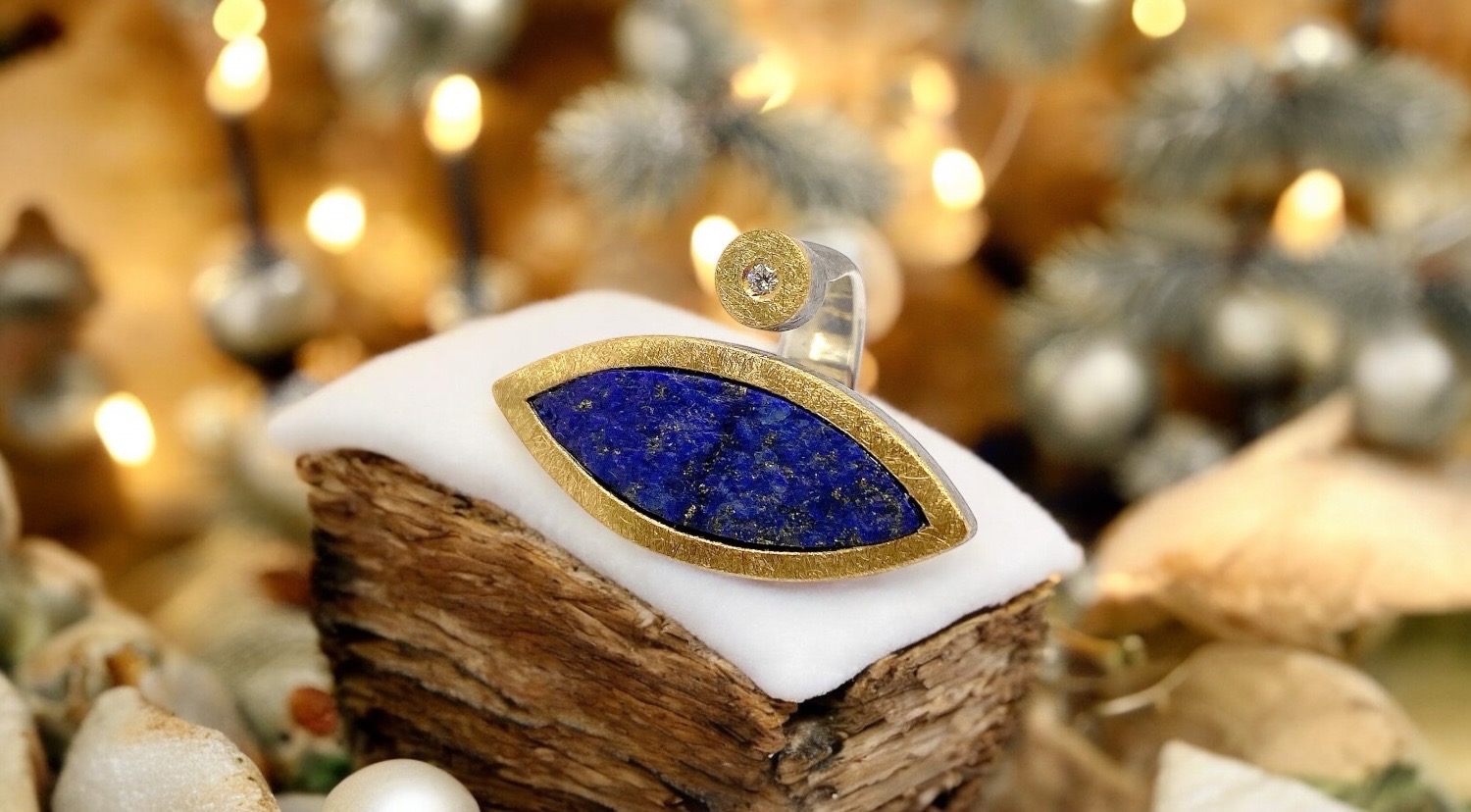 anillo lapislazuli bruto hoja brillante plata oro