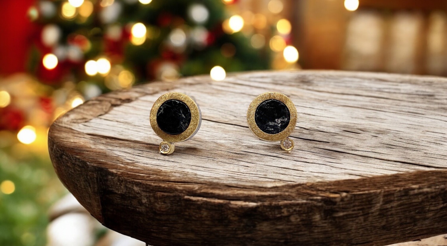 round rough black tourmaline earrings with diamond in silver and gold