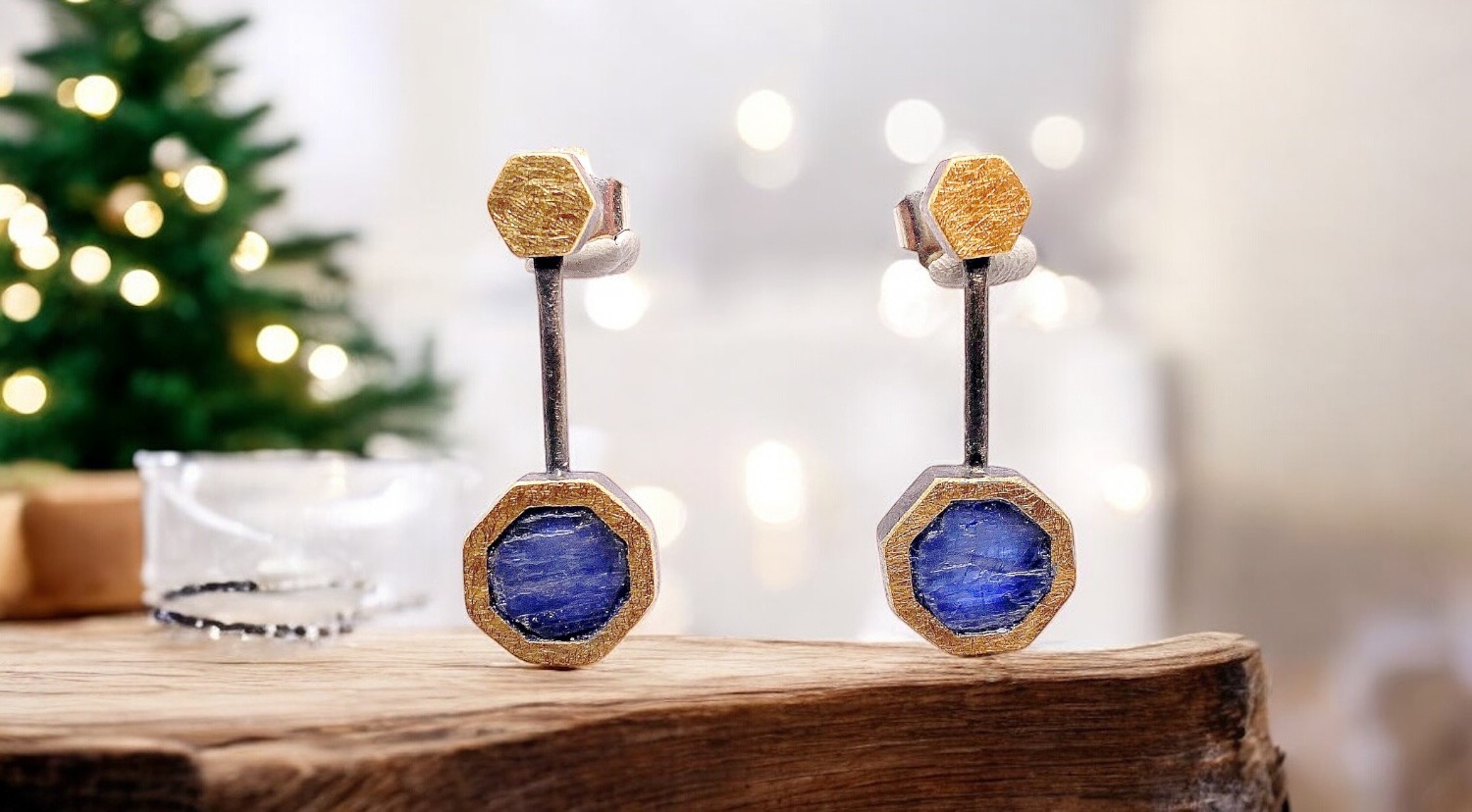 octogonal rough kyanite large earrings in silver and gold