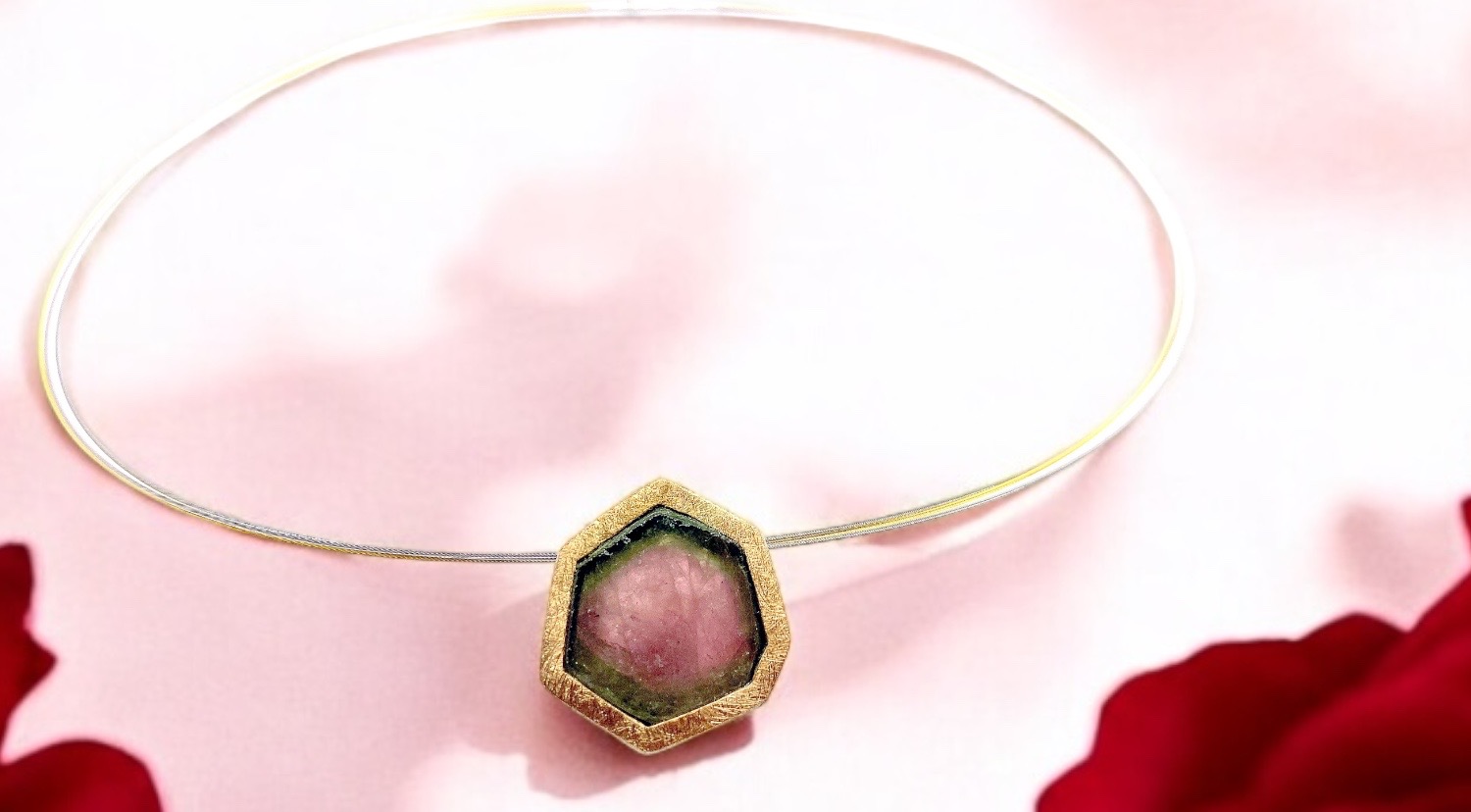 watermelon tourmaline pendant in silver and gold