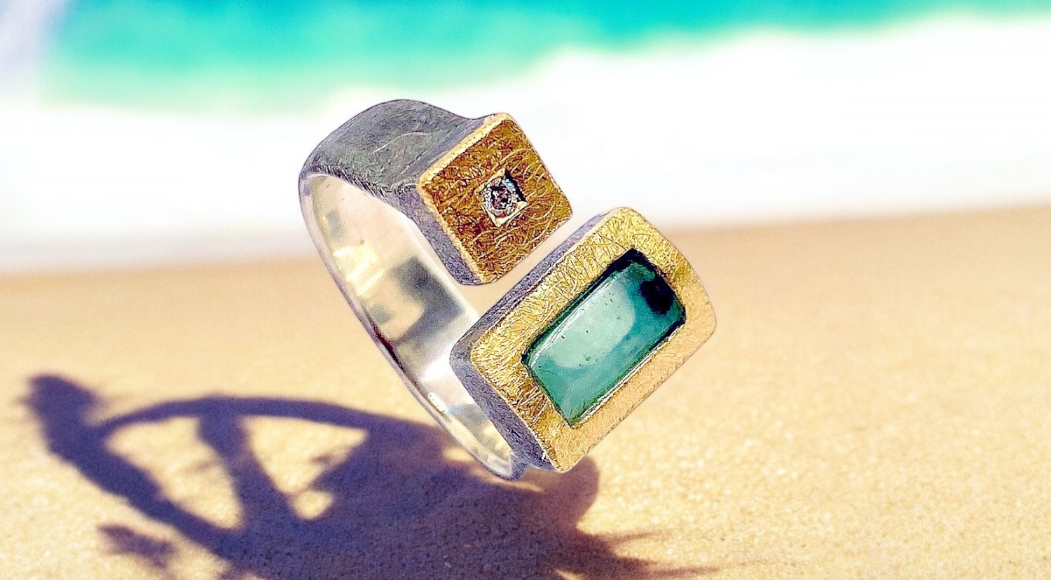 rough rectangular andean blue opal ring with diamond in silver and gold