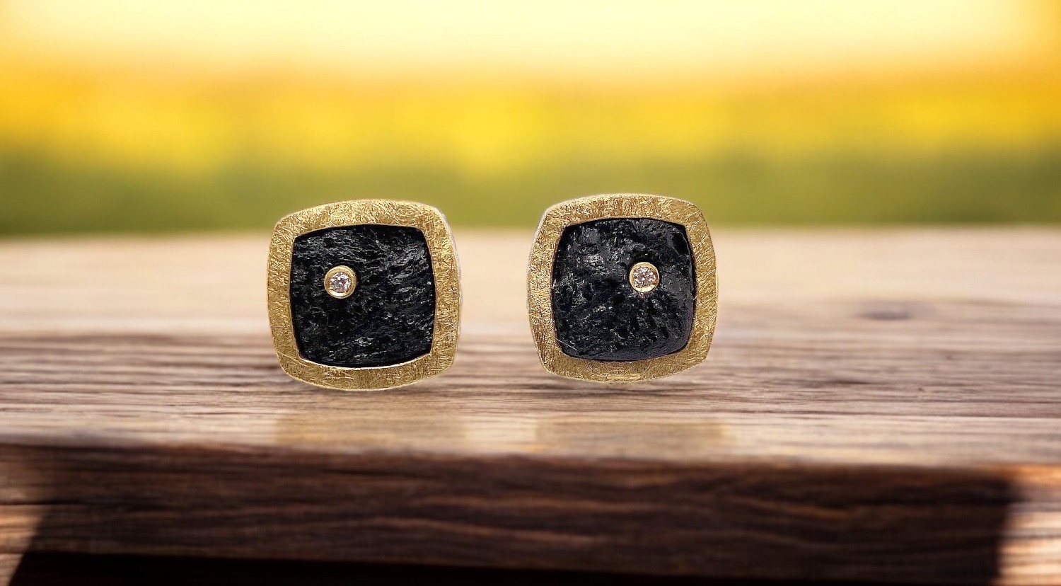 squared rough black tourmaline earrings with dimaond in silver and gold