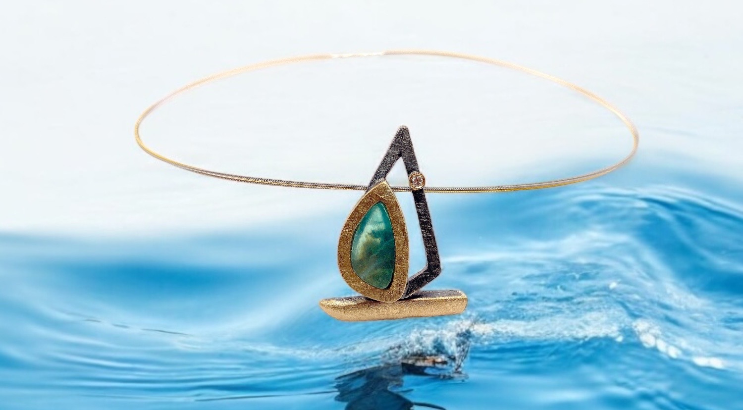 andean blue opal sailboat pendant with diamond in silver and gold